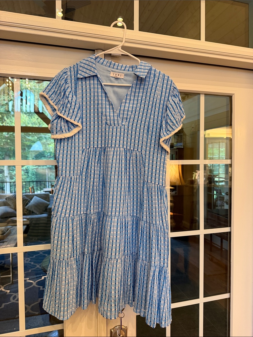 THML Blue and White Striped Tiered V-Neck Dress